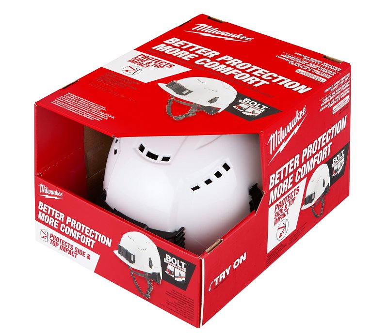MILWAUKEE Milwaukee Bolt 48-73-1320 Vented Safety Helmet, 6-1/2 to 8-1/2 in, Polycarbonate Shell, HDPE, White