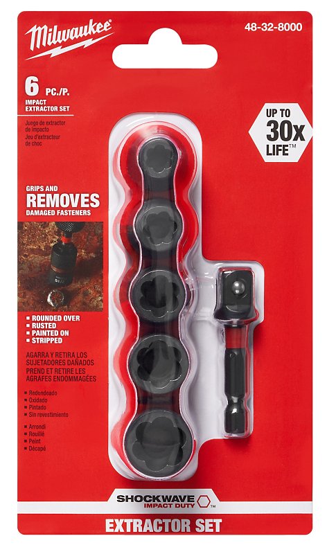 MILWAUKEE Milwaukee SHOCKWAVE Series 48-32-8000 Impact Extractor Set, 6-Piece, Steel, Specifications: 3/8 in Socket Depth TOOLS MILWAUKEE