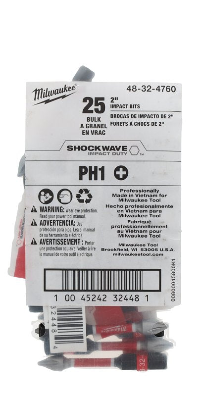 MILWAUKEE ELECTRIC TOOLS Milwaukee Shockwave 48-32-4760 Impact Bit, #1 Drive, Phillips Drive, 1/4 in Shank, Hex Shank, 2 in L, Steel