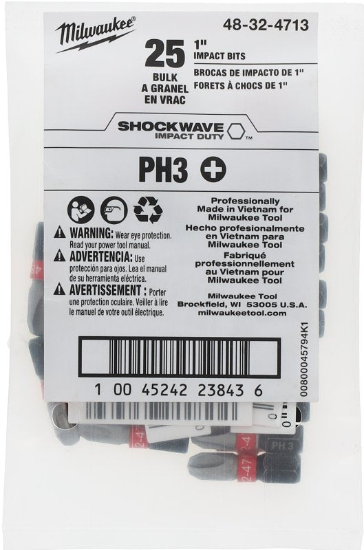 MILWAUKEE ELECTRIC TOOLS Milwaukee SHOCKWAVE 48-32-4713 Impact-Duty Insert Bit, #3 Drive, Phillips Drive, 1 in L, Alloy Steel
