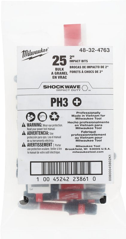 MILWAUKEE ELECTRIC TOOLS Milwaukee SHOCKWAVE 48-32-4763 Power Bit, #3 Drive, Phillips Drive, 1/4 in Shank, Hex Shank, 2 in L, Steel