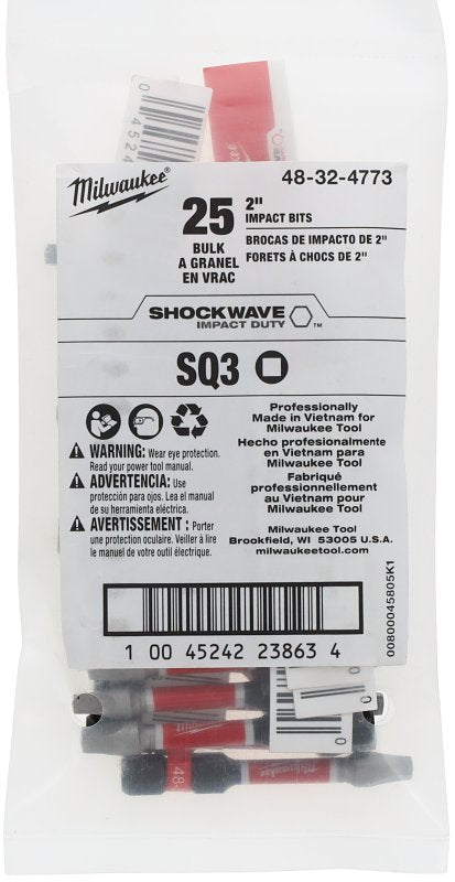 MILWAUKEE ELECTRIC TOOLS Milwaukee SHOCKWAVE 48-32-4773 Impact-Duty Power Bit, #3 Drive, Square Recess Drive, 2 in L, Alloy Steel