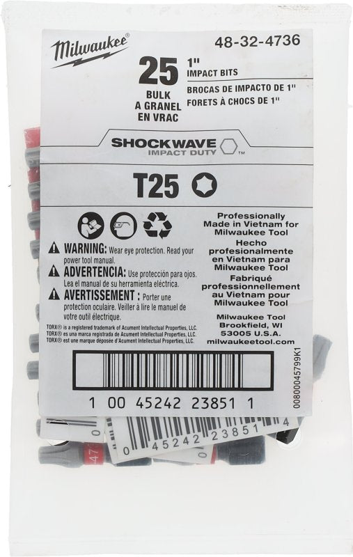 MILWAUKEE ELECTRIC TOOLS Milwaukee SHOCKWAVE 48-32-4736 Impact-Duty Insert Bit, T25 Drive, Torx Drive, 1 in L, Alloy Steel