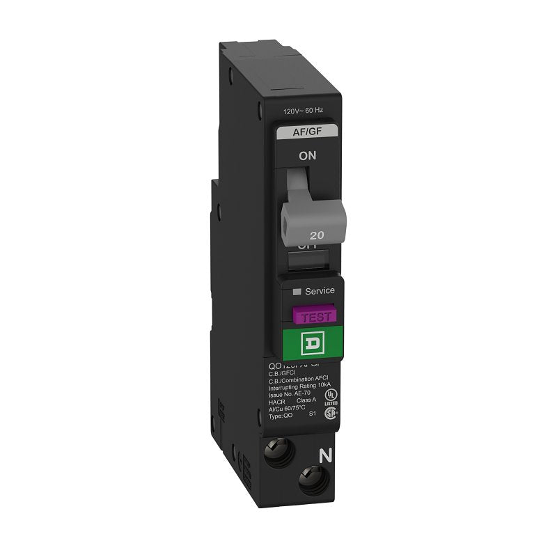 SQUARE D Square D QO QO120PAFGFC Miniature Circuit Breaker, Combination Arc Fault, 20 A, 1-Pole, 120 VAC, Plug-In ELECTRICAL SQUARE D