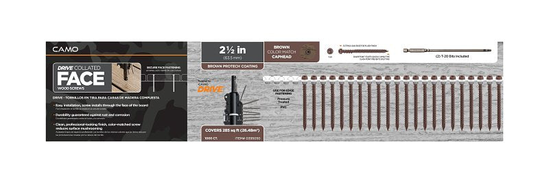 CAMO Camo 0395050 Deck Screw, Brown, #10 Thread, 2-1/2 in L, Flat Head, T20 Drive, Steel, 1000/PK