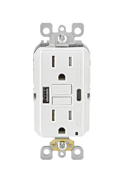 LEVITON SmartlockPro R02-GUAC1-0BW GFCI Receptacle, 125 VAC, 15 A, NEMA: NEMA 5-15R, Back, Side Wiring, White