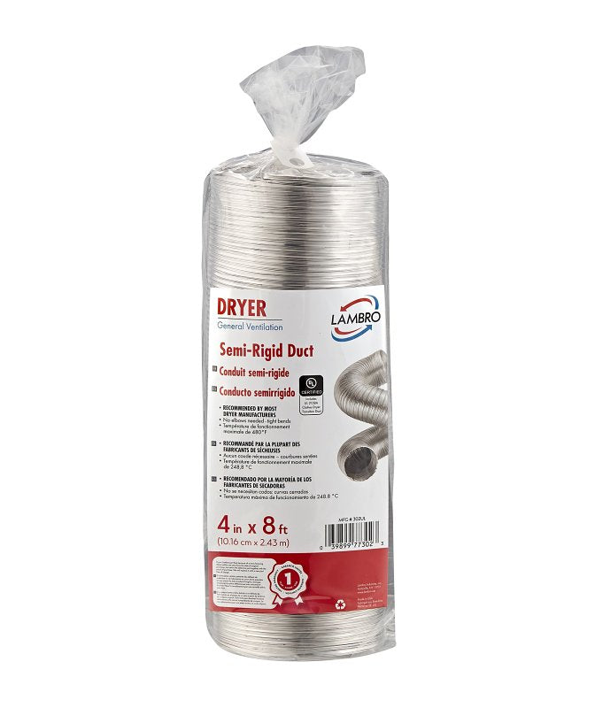 LAMBRO Lambro 302UL Semi-Rigid Transition Duct, 4 in, 8 ft L, Aluminum