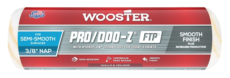WOOSTER BRUSH Wooster RR666-9 Roller Cover, White, 3/8 in Thick Nap, 9 in L, Fabric Cover PAINT WOOSTER BRUSH