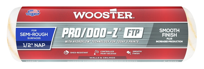 WOOSTER BRUSH Wooster RR667-9 Roller Cover, White, 1/2 in Thick Nap, Fabric Cover, 9 in L