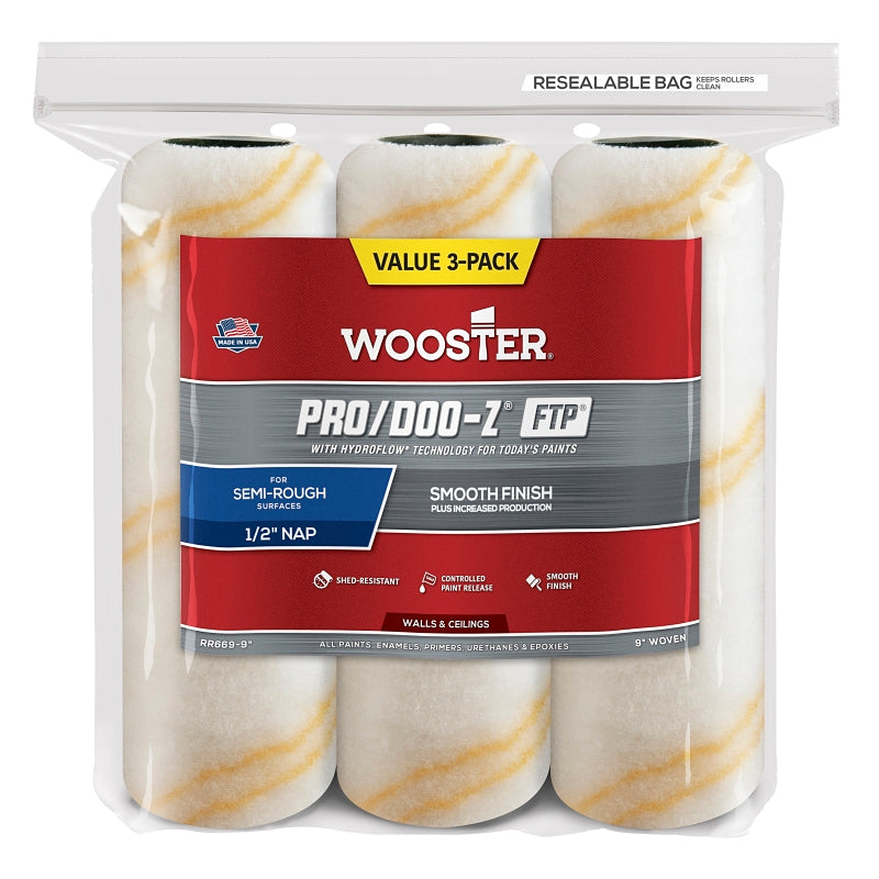 WOOSTER BRUSH Wooster RR669-9 Roller Cover, White, 9 in L, Fabric Cover PAINT WOOSTER BRUSH