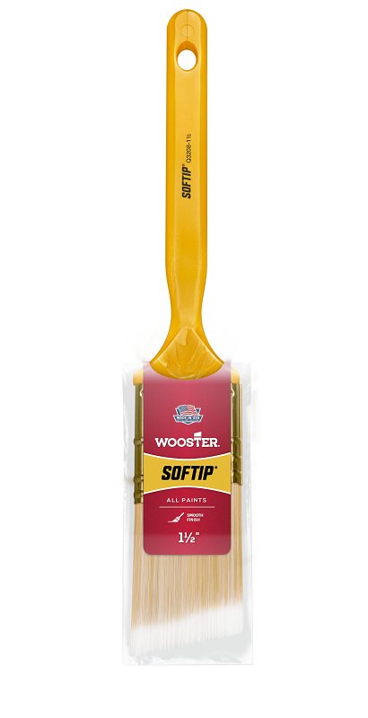 WOOSTER BRUSH Wooster Q3208-1-1/2 Paint Brush, Pearl/White/Yellow, Plastic Handle, 1-1/2 in W, Angle Sash Brush, 2-3/16 in L Bristle PAINT WOOSTER BRUSH