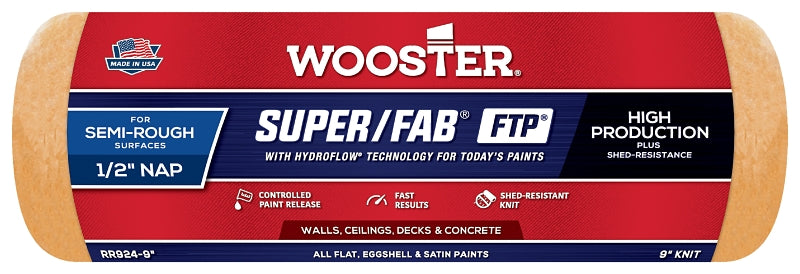 WOOSTER BRUSH Wooster RR924-9 Roller Cover, 1/2 in Thick Nap, 9 in L, Fabric Cover, Lager