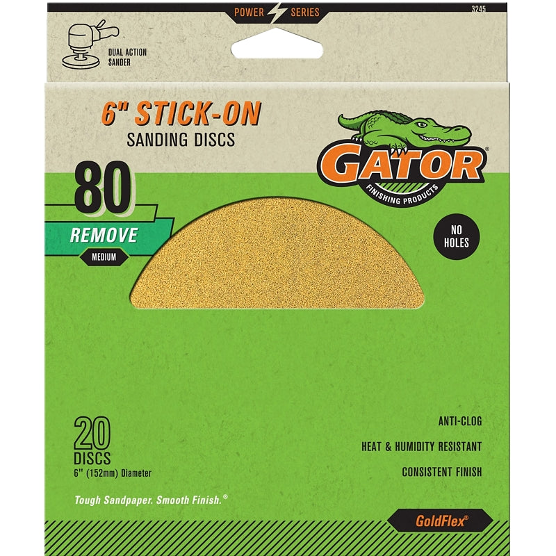 GATOR Gator GoldFlex 3245 Sanding Disc, 6 in Dia, Coated, 80 Grit, Medium, Aluminum Oxide Abrasive, Paper Backing