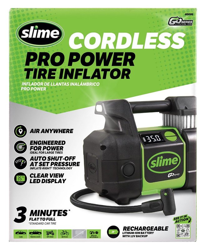 SLIME Slime Pro Power Series 40086 Cordless Tire Inflator, 12 V, 99 psi Pressure, Digital Gauge, Plastic, Black