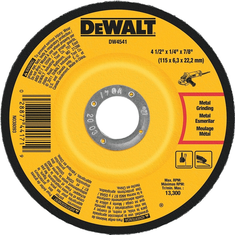 DEWALT DEWALT DW4541 Grinding Wheel, 4-1/2 in Dia, 1/4 in Thick, 7/8 in Arbor, 24 Grit, Coarse, Aluminum Oxide Abrasive