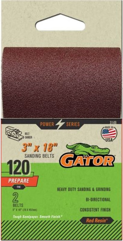 GATOR Gator 3149 Sanding Belt, 120 Grit, Fine, Aluminum Oxide Abrasive, 3 in W, 18 in L