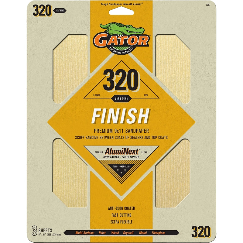GATOR Gator 7267 Sanding Sheet, 11 in L, 9 in W, 320 Grit, Very Fine, Aluminum Oxide Abrasive