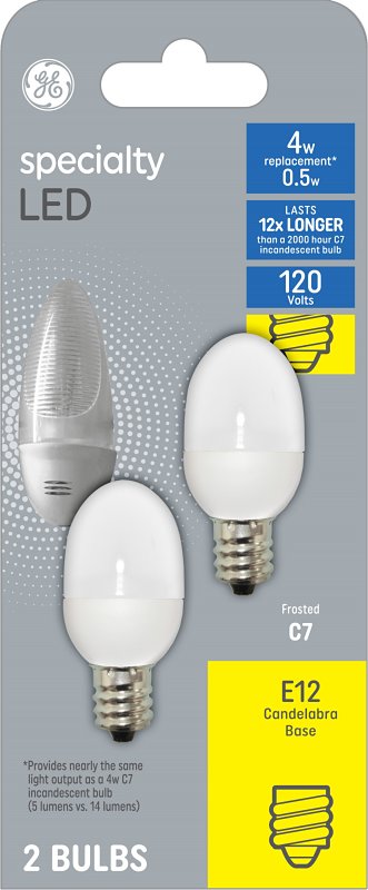 GE GE 12315 Light Bulb, 0.5 W, Candelabra (E12) Lamp Base, C7 Lamp, Soft White Light, 3 Lumens, 2700 K Color Temp