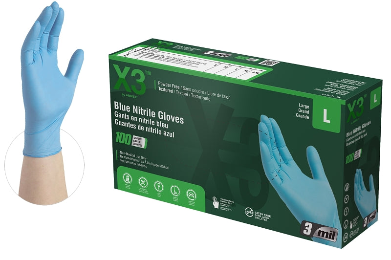 AMMEX Ammex X346100 Non-Sterile Disposable Gloves, L, Nitrile, Powder-Free, Blue