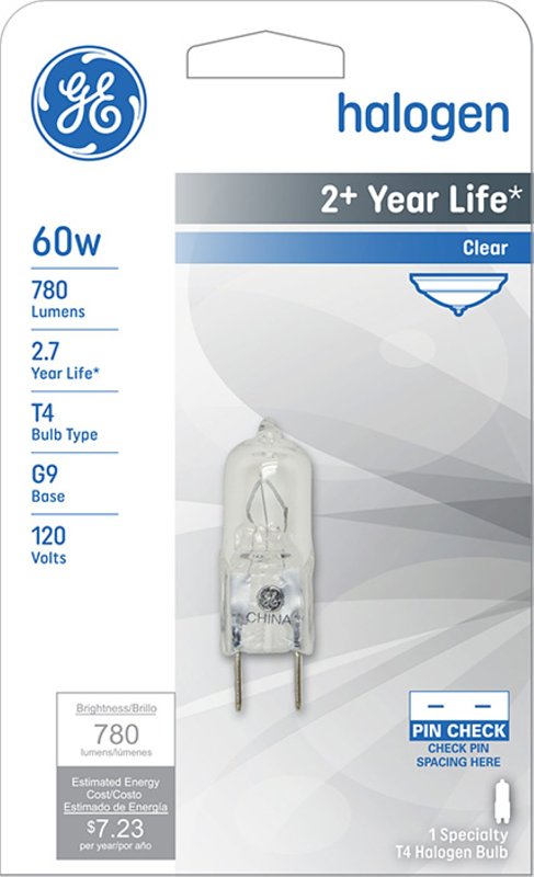 GE GE Edison Series 16756 Halogen Bulb, 60 W, G9 Lamp Base, T4 Lamp, White Light, 780 Lumens, 2800 K Color Temp ELECTRICAL GE