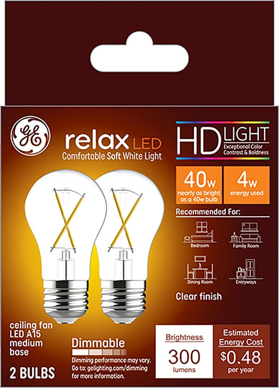 GE GE Relax 31313 Replacement Bulb, A15 Lamp, 40 W Equivalent, Medium (E26) Lamp Base, Dimmable, Clear, Soft White Light ELECTRICAL GE