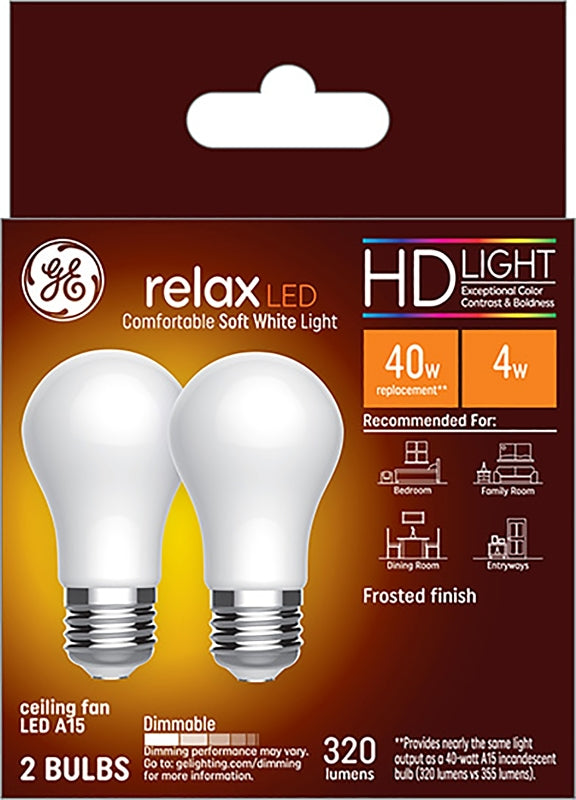 GE GE Relax 31374 Replacement Bulb, High-Definition, A15 Lamp, 40 W Equivalent, Medium (E26) Lamp Base, Dimmable, White ELECTRICAL GE