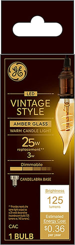 GE GE 36488 Vintage Light Bulb, CAC Lamp, 25 W Equivalent, E12 (Candelabra) Lamp Base, Dimmable, Amber, Warm White Light ELECTRICAL GE