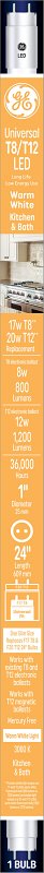 GE GE 37136 LED Tube Light Bulb, Specialty, T8 Lamp, Bi-Pin Lamp Base, Clear, Warm White Light, 3000 K Color Temp ELECTRICAL GE