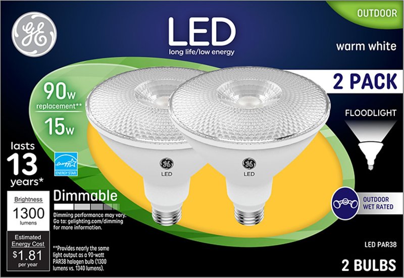 GE GE 38452 Floodlight Bulb, PAR38 Lamp, 90 W Equivalent, Medium Lamp Base, Dimmable, Bright White Light, 3000 K Color Temp
