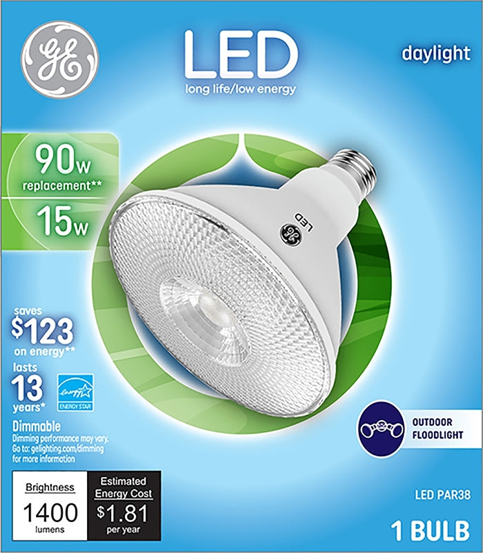 GE GE 38453 LED Bulb, Flood/Spotlight, 1400 Lumens, 15 W, PAR38 Lamp, 90 W Equivalent, E26 Lamp Base, Dimmable, Daylight ELECTRICAL GE