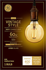 GE GE 42183 Light Bulb, Vintage, G30 Lamp, 60 W Equivalent, Medium (E26) Lamp Base, Dimmable, Amber, Warm White Light