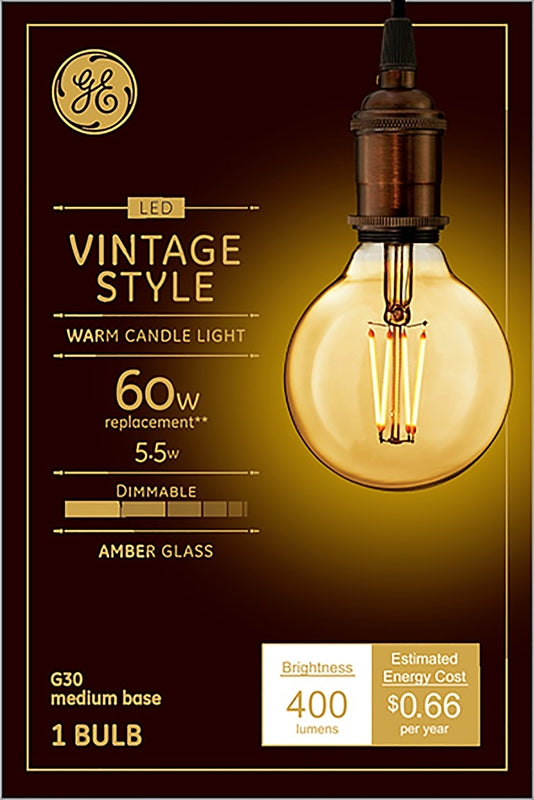 GE GE 42183 Light Bulb, Vintage, G30 Lamp, 60 W Equivalent, Medium (E26) Lamp Base, Dimmable, Amber, Warm White Light
