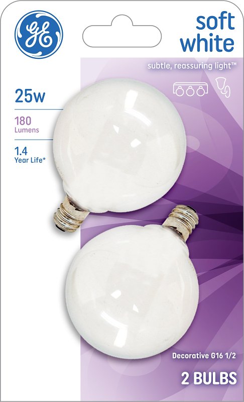 GE GE 44412 Light Bulb, 25 W, G16.5 Lamp, E12 Candelabra Lamp Base, 180 Lumens, 2500 K Color Temp, Soft White Light ELECTRICAL GE
