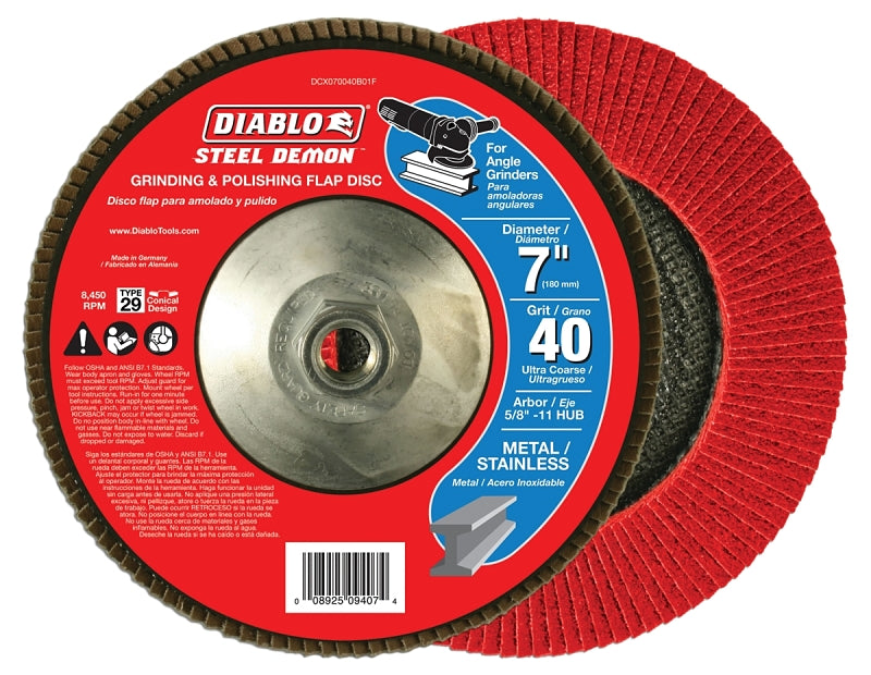 DIABLO Diablo Steel Demon DCX070040B01F Flap Disc with Hub, 7 in Dia, 5/8-11 Arbor, 40 Grit, Ultra Coarse TOOLS DIABLO