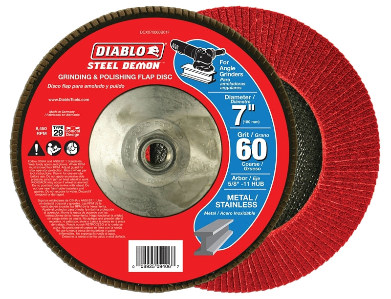 DIABLO Diablo Steel Demon DCX070060B01F Flap Disc with Hub, 7 in Dia, 5/8-11 Arbor, 60 Grit, Coarse, Zirconia Abrasive TOOLS DIABLO