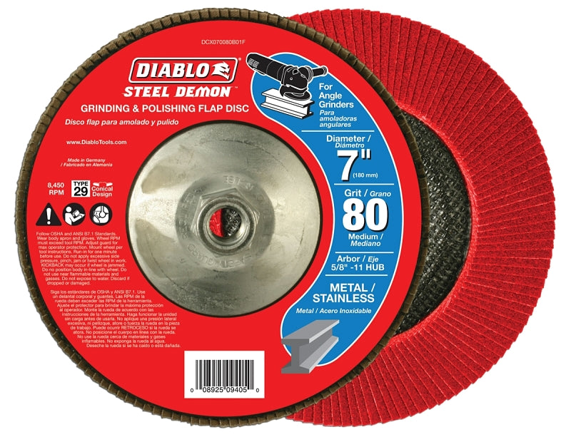 DIABLO Diablo Steel Demon DCX070080B01F Flap Disc with Hub, 7 in Dia, 5/8-11 Arbor, 80 Grit, Medium, Zirconia Abrasive