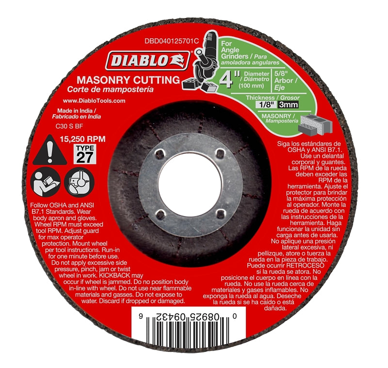 DIABLO Diablo DBD040125701C Cut-Off Wheel, 4 in Dia, 1/8 in Thick, Aluminum Oxide Abrasive, 5/8 in Arbor TOOLS DIABLO
