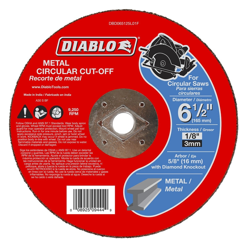 DIABLO Diablo DBD065125L01F Cut-Off Wheel, 6-1/2 in Dia, 1/8 in Thick, 5/8 in Arbor, Aluminum Oxide Abrasive TOOLS DIABLO