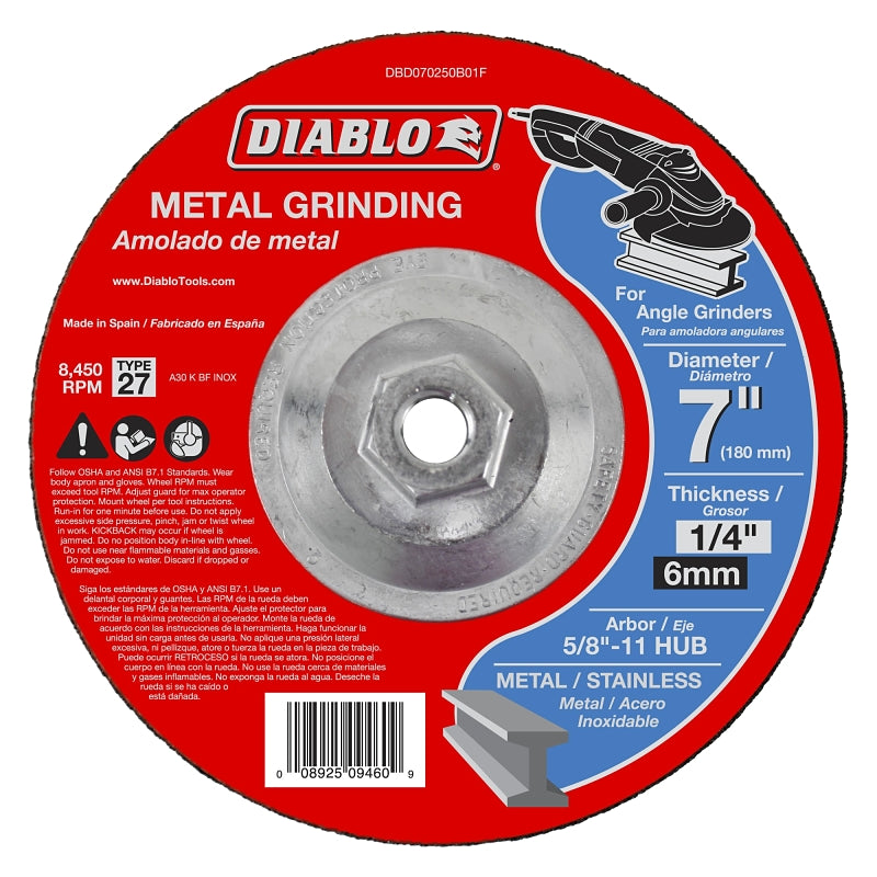 DIABLO Diablo DBD070250B01F Grinding Wheel, Applicable Materials: Cast Iron, Sheet Metal, Stainless Steel, 7 in Dia TOOLS DIABLO
