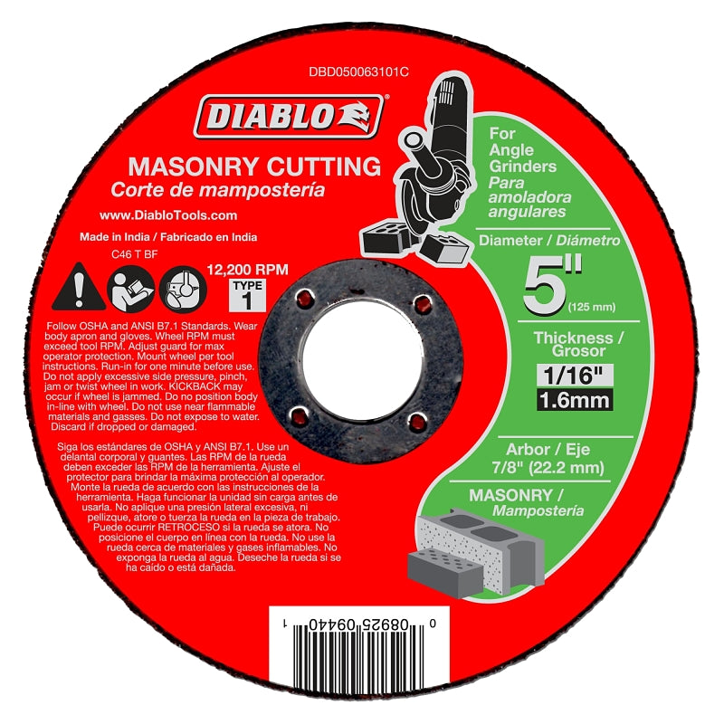 DIABLO Diablo DBD050063101C Cut-Off Wheel, 5 in Dia, 1/16 in Thick, 7/8 in Arbor, Aluminum Oxide Abrasive