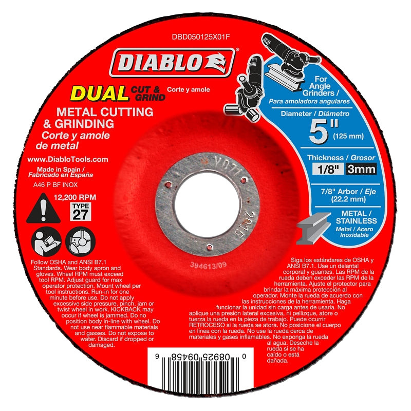 DIABLO Diablo DBD050125X01F Cut and Grind Wheel, 5 in Dia, 1/8 in Thick, 7/8 in Arbor, Aluminum Oxide Abrasive TOOLS DIABLO