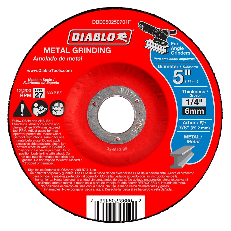 DIABLO Diablo DBD050250701F Grinding Disc, 5 in Dia, 1/4 in Thick, 7/8 in Arbor, Aluminum Oxide Abrasive TOOLS DIABLO