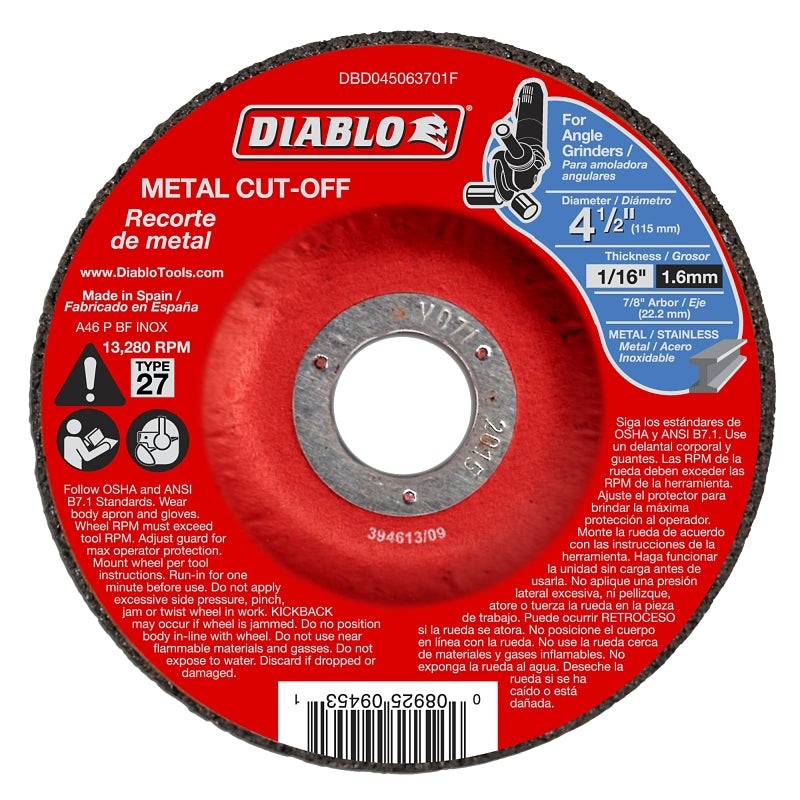 DIABLO Diablo DBD045063701F Cut-Off Wheel, 4-1/2 in Dia, 1/16 in Thick, 7/8 in Arbor, Aluminum Oxide Abrasive TOOLS DIABLO