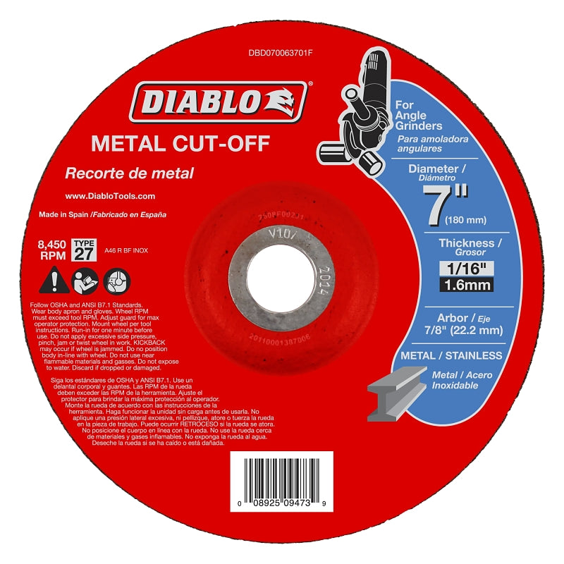 DIABLO Diablo DBD070063701F Cut-Off Wheel, 7 in Dia, 1/16 in Thick, 7/8 in Arbor, Aluminum Oxide Abrasive TOOLS DIABLO