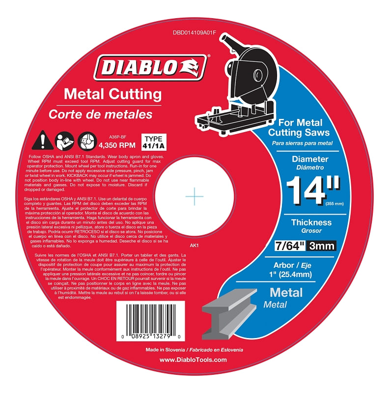 DIABLO Diablo DBD014109A01F Chop Saw Disc, 14 in Dia, 1 in Arbor, Aluminum Oxide Abrasive TOOLS DIABLO