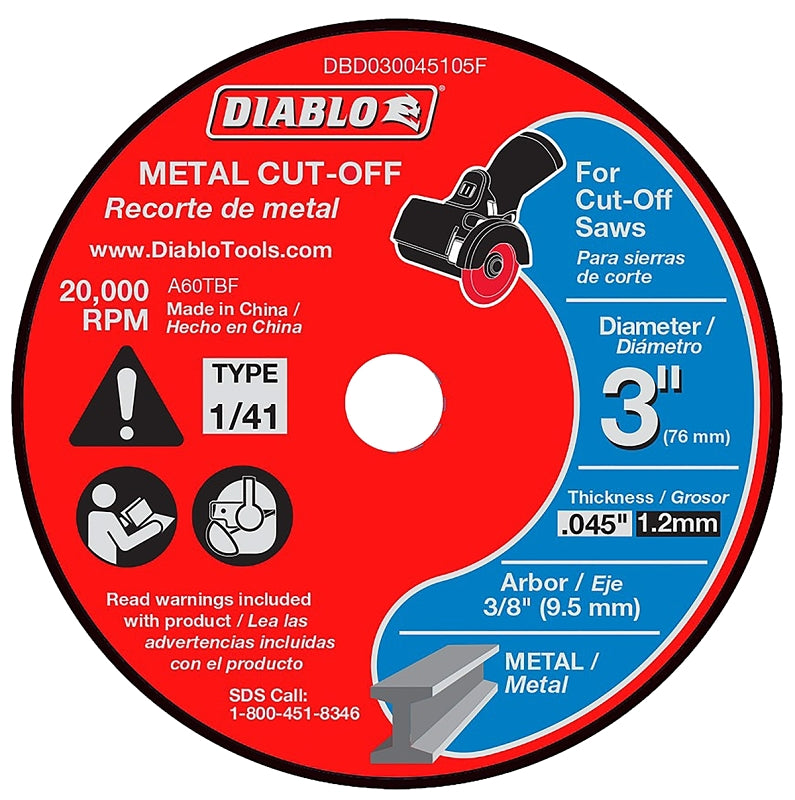 DIABLO Diablo DBD030045105F Cut-Off Disc, 3 in Dia, 0.045 in Thick, 3/8 in Arbor, Aluminum Oxide Abrasive TOOLS DIABLO