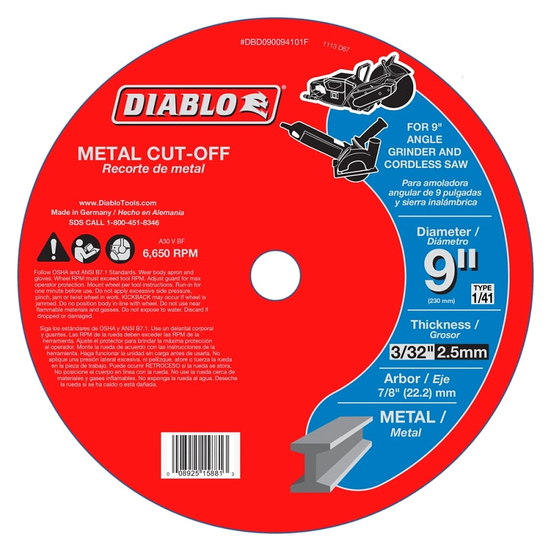 DIABLO Diablo DBD090094101F Cut-Off Disc, 9 in Dia, 3/32 in Thick, 7/8 in Arbor, Aluminum Oxide Abrasive TOOLS DIABLO