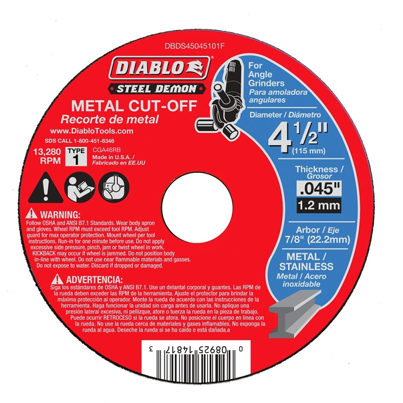 DIABLO Diablo Steel Demon DBDS45045101F Cut-Off Disc, 4-1/2 in Dia, 0.045 in Thick, 7/8 in Arbor, Ceramic Abrasive TOOLS DIABLO