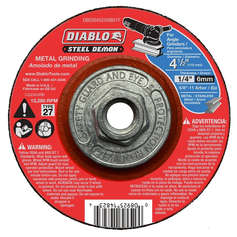 DIABLO Diablo Steel Demon DBDS45250B01F Grinding Disc, 4-1/2 in Dia, 1/4 in Thick, 5/8-11 Arbor, Ceramic Abrasive TOOLS DIABLO