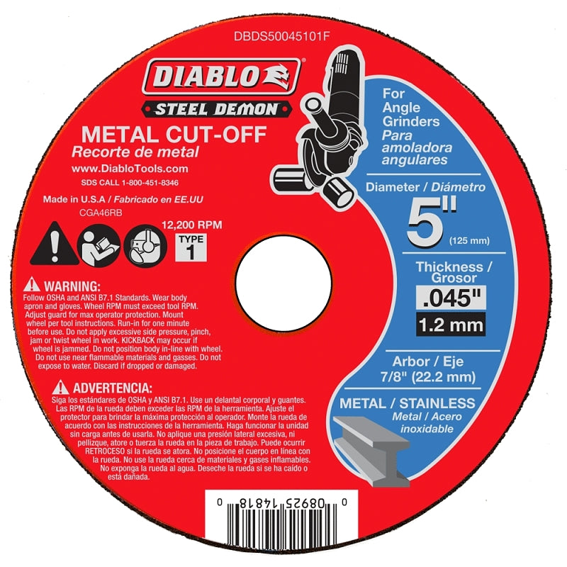 DIABLO Diablo Steel Demon DBDS50045101F Cut-Off Disc, 5 in Dia, 0.045 in Thick, 7/8 in Arbor, Ceramic Abrasive TOOLS DIABLO